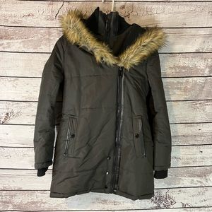 Noize Vegan Faux Fur Trim Mid Length Coat in Black